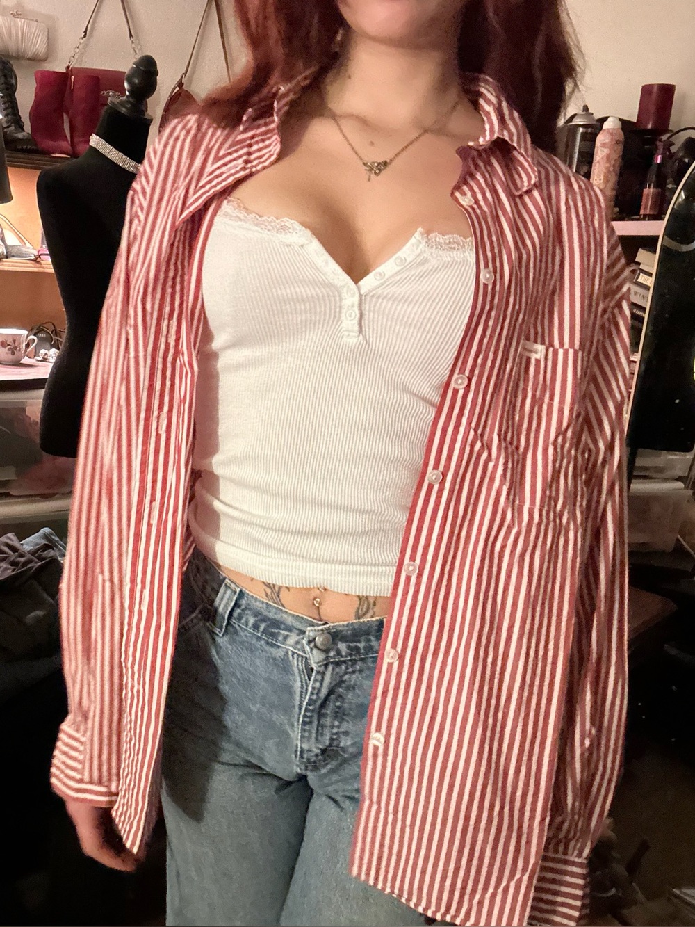 Faćonnable Red and White Striped Button-Up Shirt